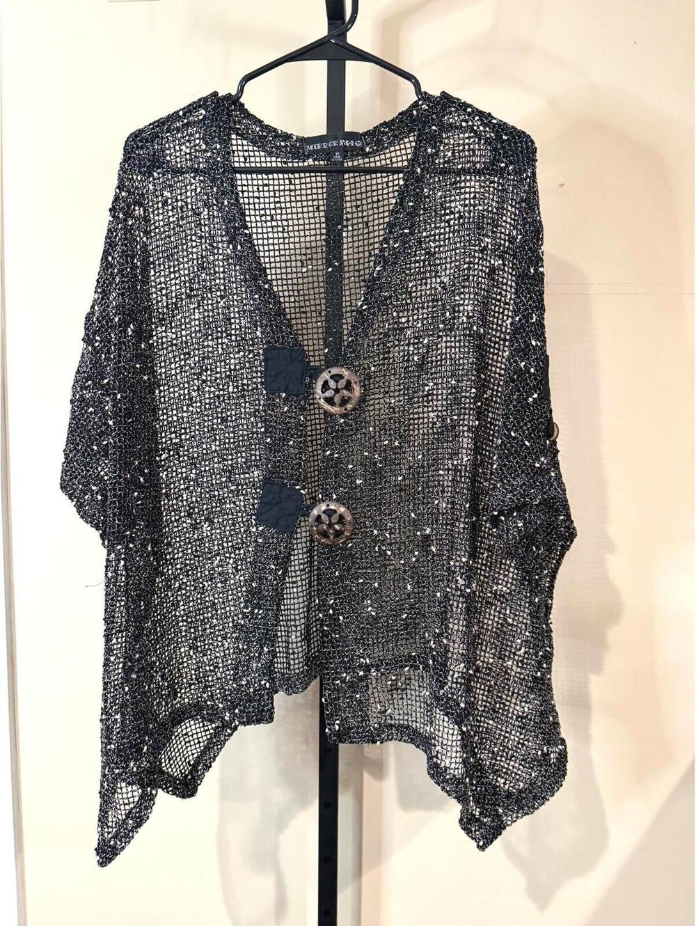 Black Open-Knit Buttoned Sweater Cardigan Mirror Image 3x